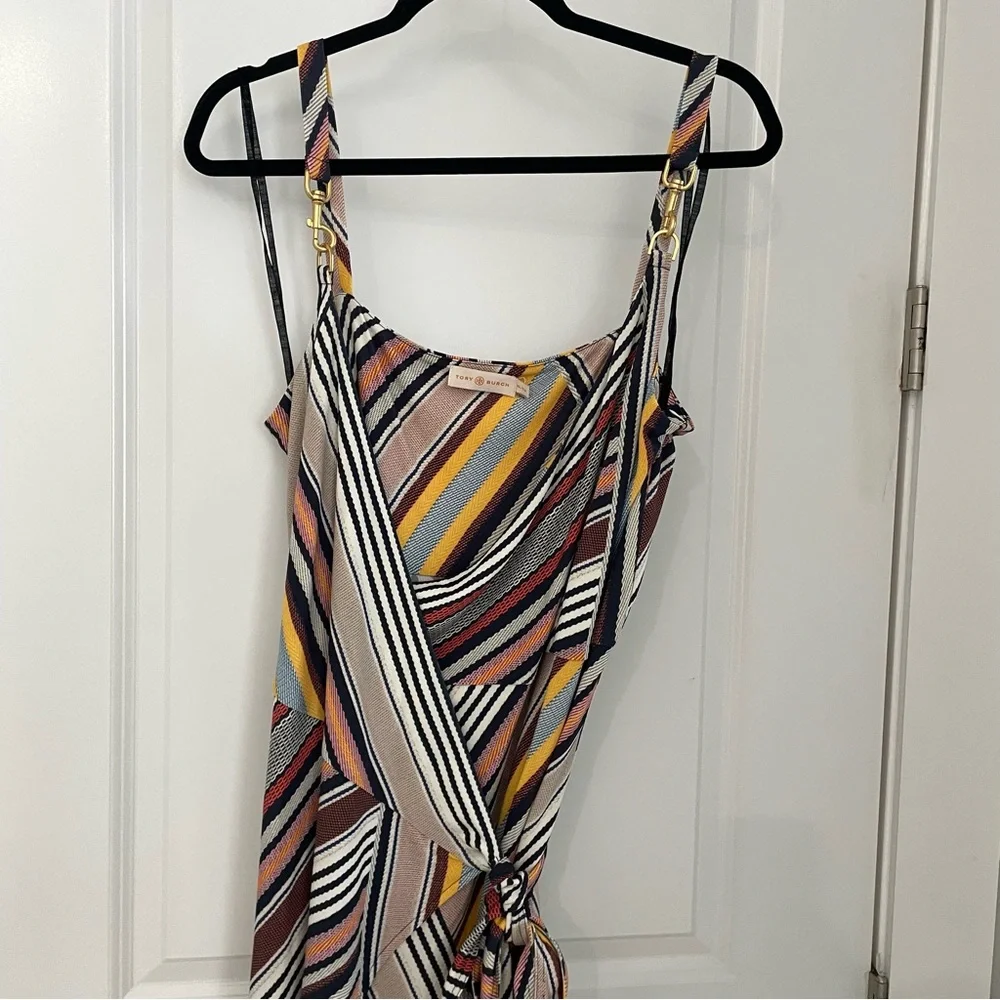 Tory Burch Runway Hook-Embellished Striped Crepe-Jersey Midi Wrap Dress     g12